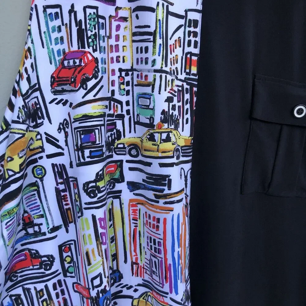 Joseph Ribkoff Dress Size 14/XL Black City Print Jersey Stretch Artsy Whimsical